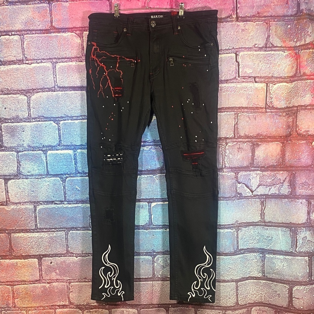 Makobi Menโs Jeans Denim 36x32 Black Flames Lightning Distressed Skinny Fit